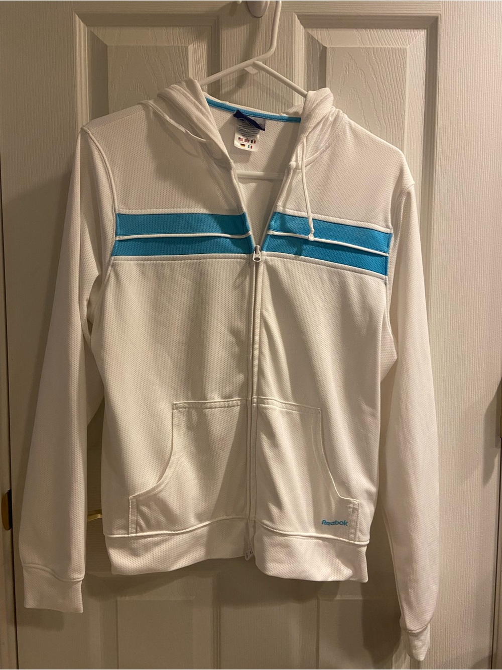 Vintage Reebok White Hoodie with Blue Accent Stripes Large Blokecore EUC